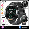 Schwarze digitale Smartwatch mit Lederarmband und Kopfhörern, die verschiedene Gesundheitsfunktionen anzeigt.