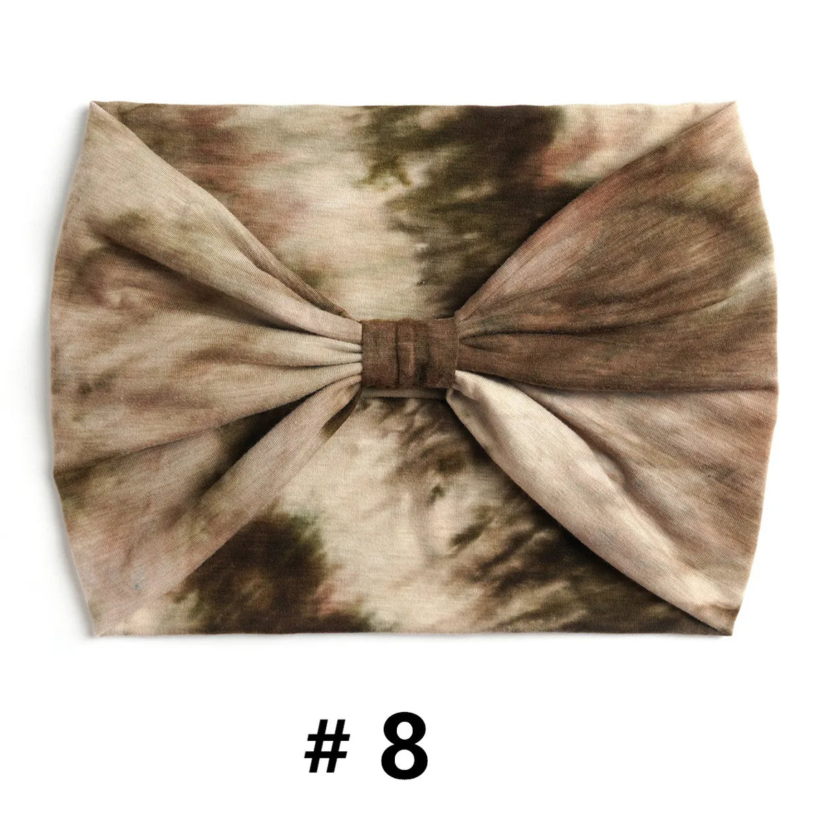 Un bandeau en coton tie-dye marron et beige noué en nœud.