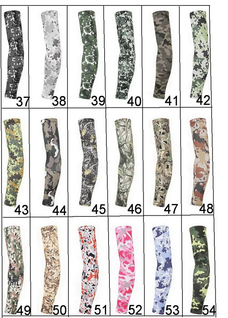 A grid of fifteen tactical camouflage arm sleeves displayed in various colors and patterns.
