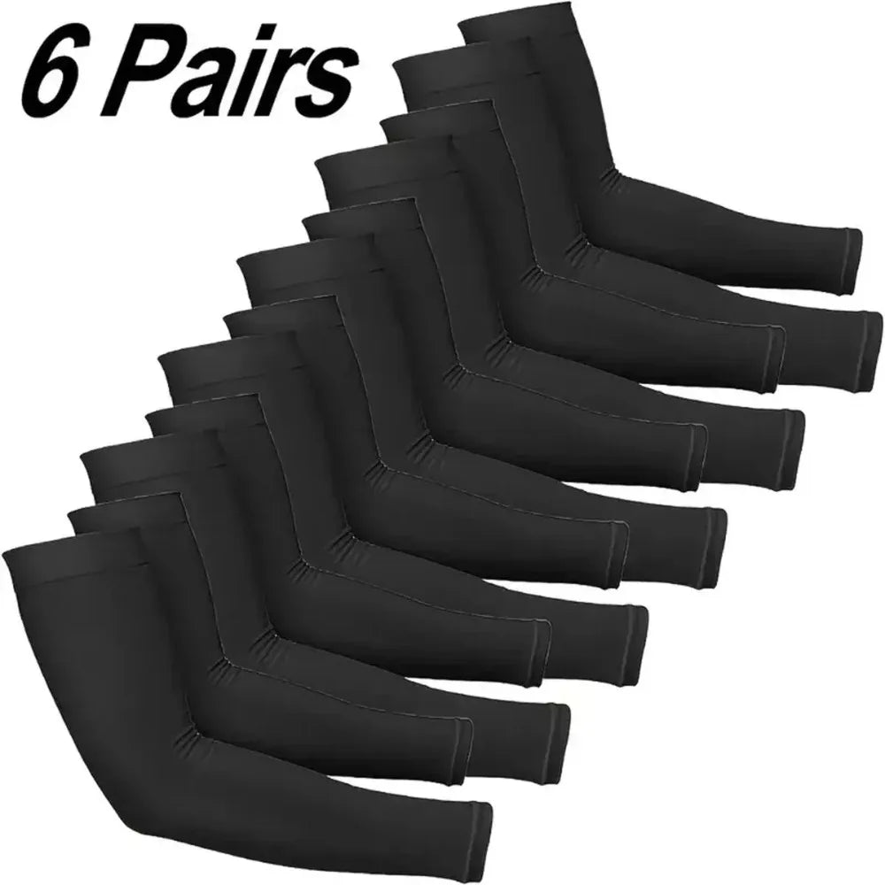 Six pairs of black UV protection compression arm sleeves displayed flat.