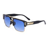 Black sunglasses with blue lenses and gold accents, viewed from the front.
