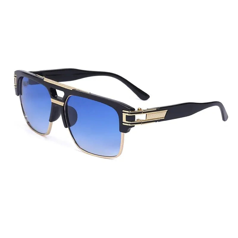 Black sunglasses with blue lenses and gold accents, viewed from the front.
