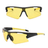 Yellow sport sunglasses with black frames shown from the front and side.