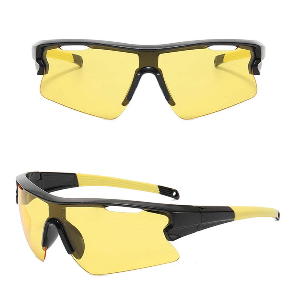 Yellow sport sunglasses with black frames shown from the front and side.