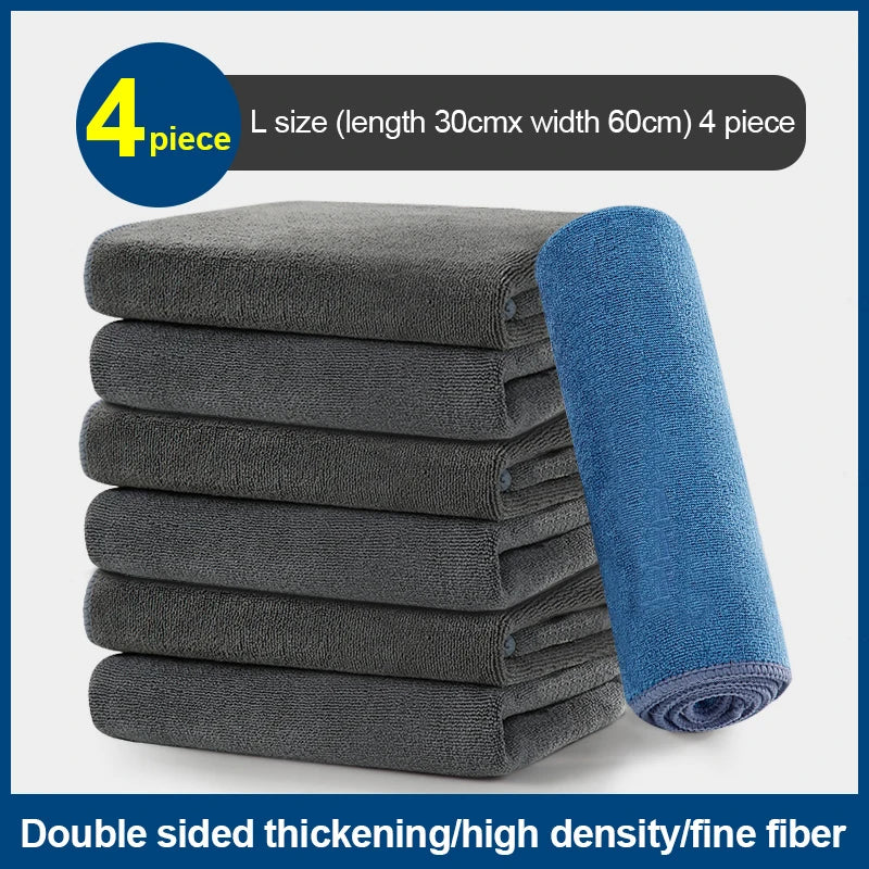 A stack of four gray microfiber car cleaning towels next to a blue towel, showing double-sided thickening and high density.
