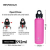 Pink double-wall insulated stainless steel thermos with a black lid and silicone grip