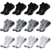 A collection of black and gray athletic running socks for men and women shown in various styles.