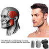 A silicone jawline exerciser is shown next to a man demonstrating its use on his face.