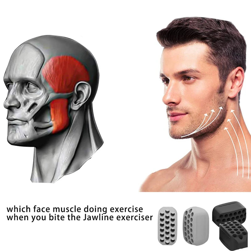 A silicone jawline exerciser is shown next to a man demonstrating its use on his face.