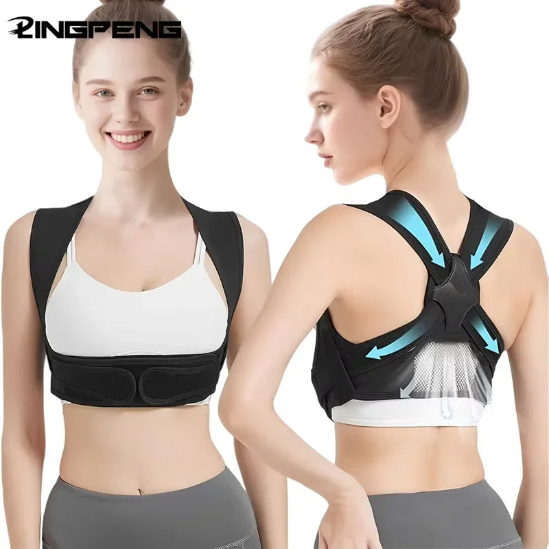 A woman models an adjustable posture corrector for back and shoulder support, shown in black and white.