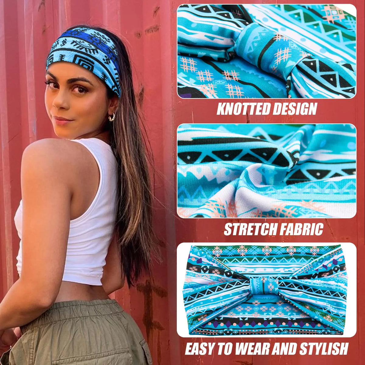 A woman models a blue and white patterned knotted fabric turban headband for workout or yoga.