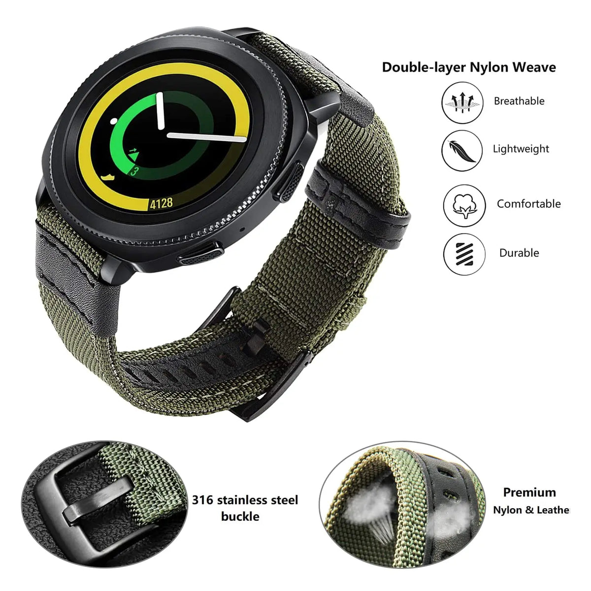 A black and olive green double-layer nylon watch with a stainless steel buckle and breathable features.