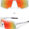 White and red cycling sunglasses shown from the front and a 45-degree angle.