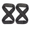 A pair of black gym wrist wraps with personal record markings shown against a white background.