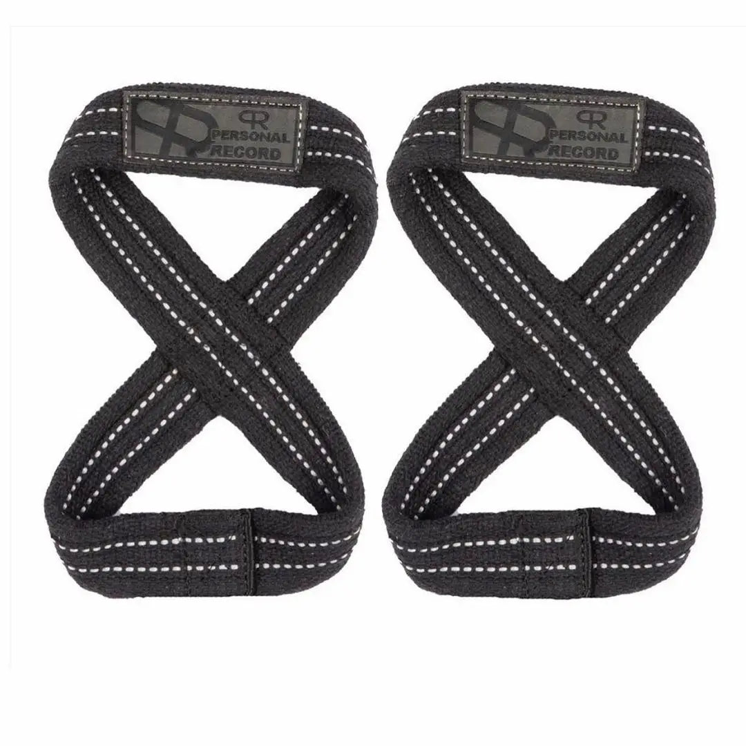 A pair of black gym wrist wraps with personal record markings shown against a white background.