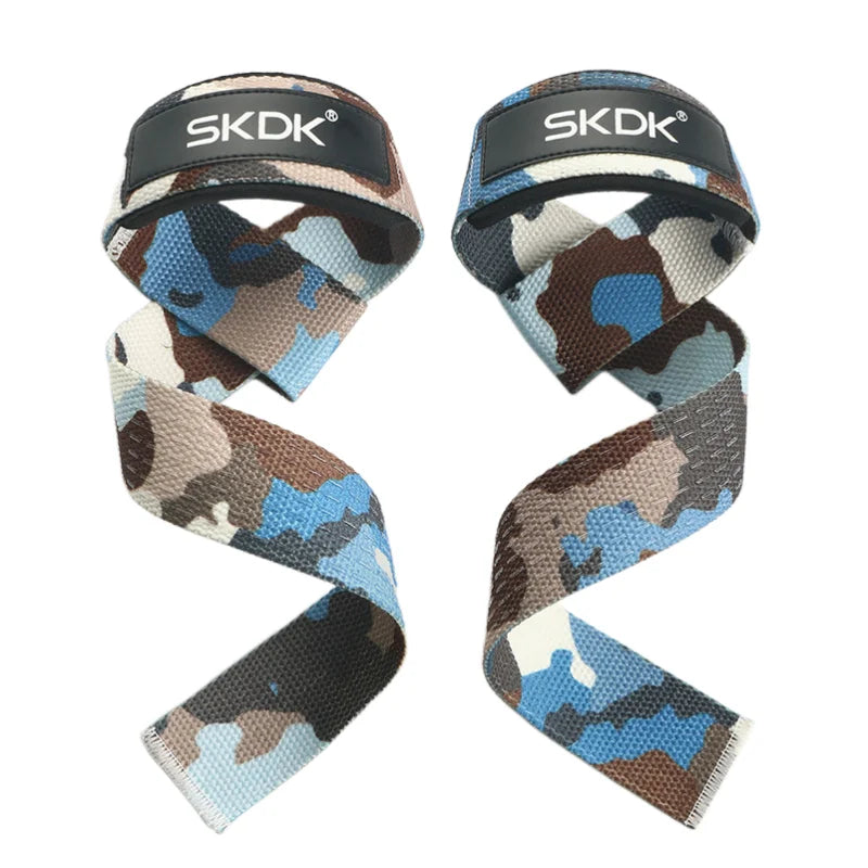 Pair of black and camouflage heavy-duty weightlifting wrist straps for grip and support