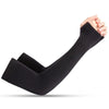 Black cooling arm sleeve being stretched by a hand for UV protection