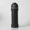 A black insulated stainless steel water bottle with a gray cap and dual drinking spout.