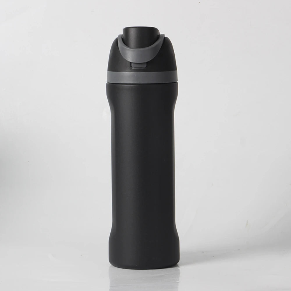A black insulated stainless steel water bottle with a gray cap and dual drinking spout.