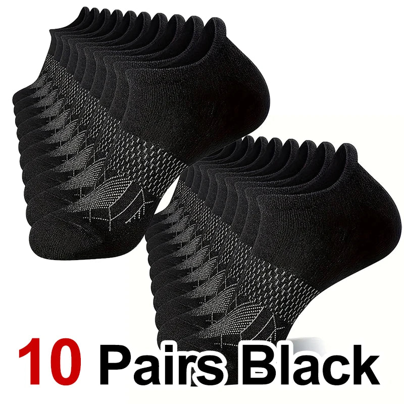 Ten pairs of black performance compression ankle socks displayed in a stack.