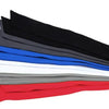 A stack of breathable sports headbands in various colors including blue, gray, black, white, and red.