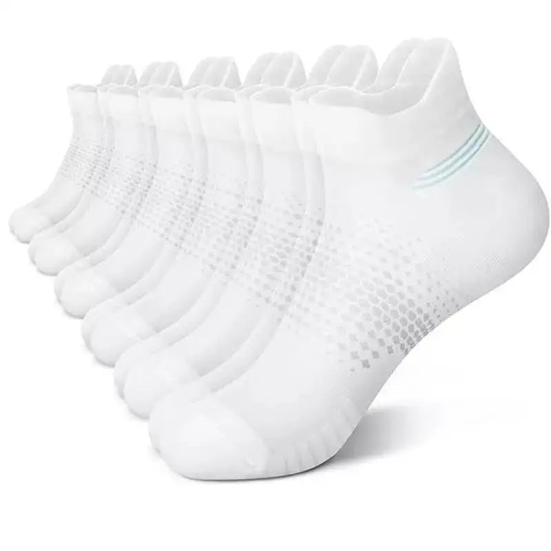 A stack of white breathable mesh ankle socks for running and fitness