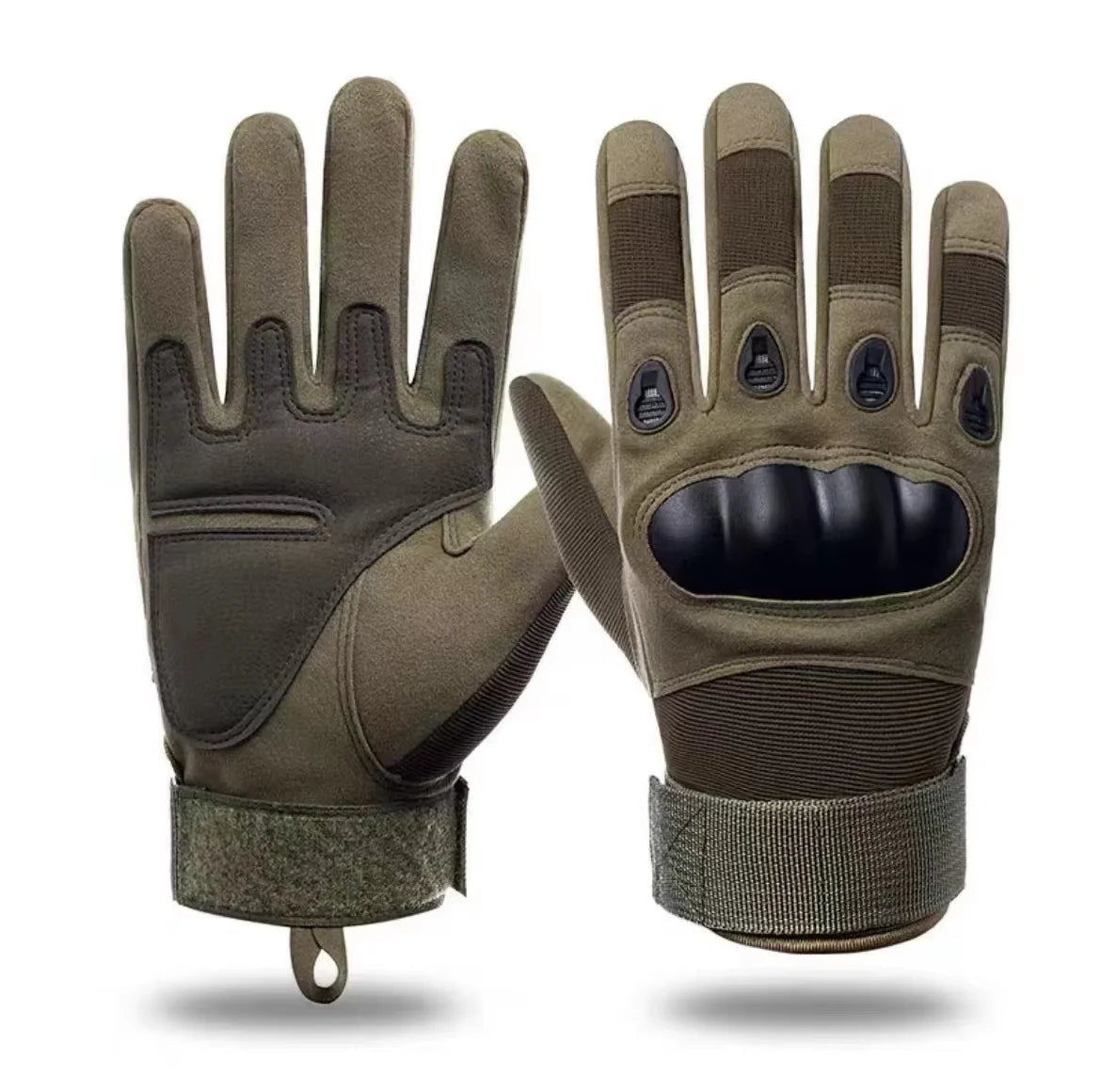 A pair of olive green half finger tactical gloves shown against a white background.