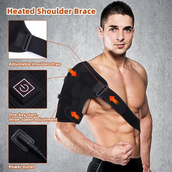 A man demonstrates a heated shoulder brace, showing the adjustable strap and power outlet.