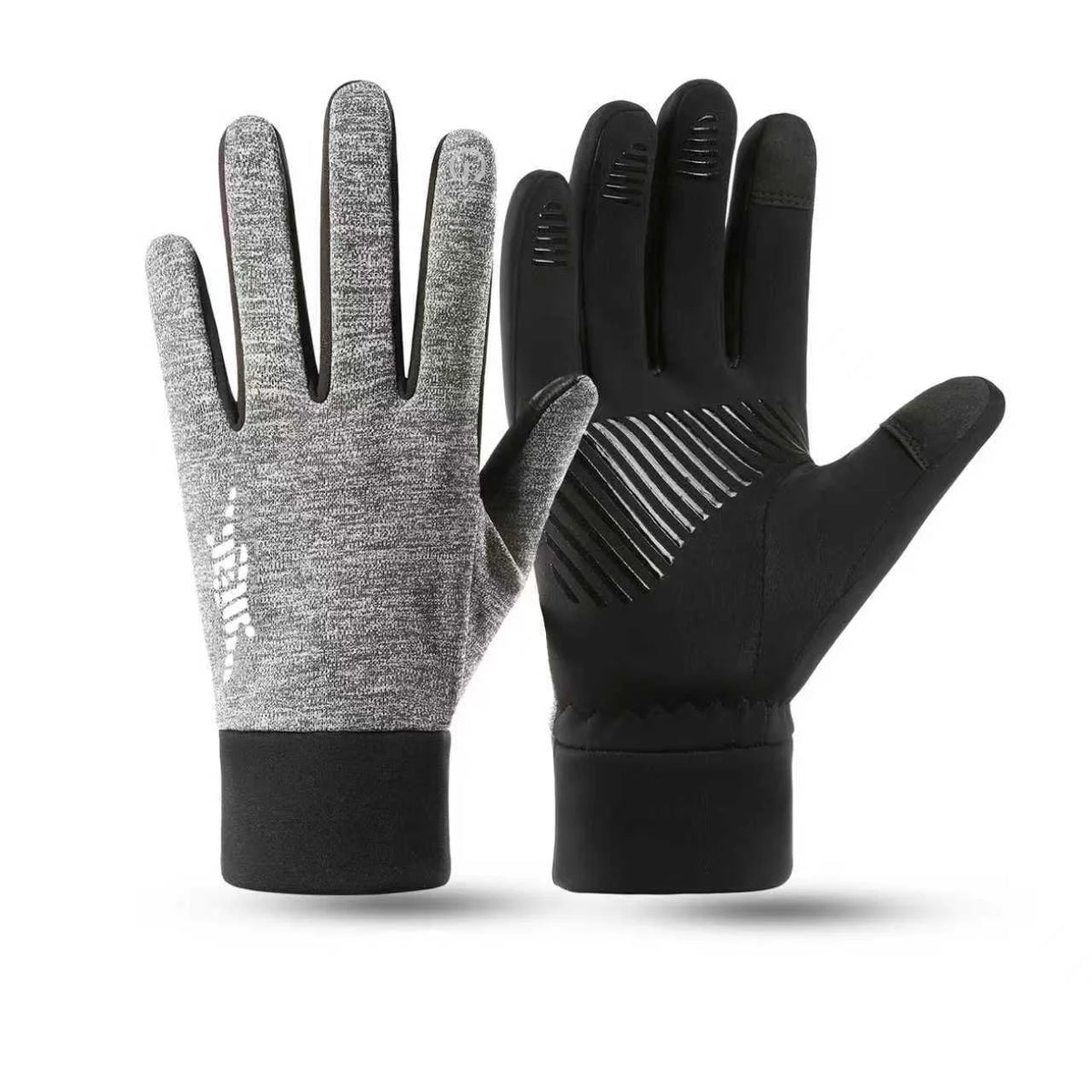 A pair of black and gray thermal knit winter ski gloves shown against a white background.