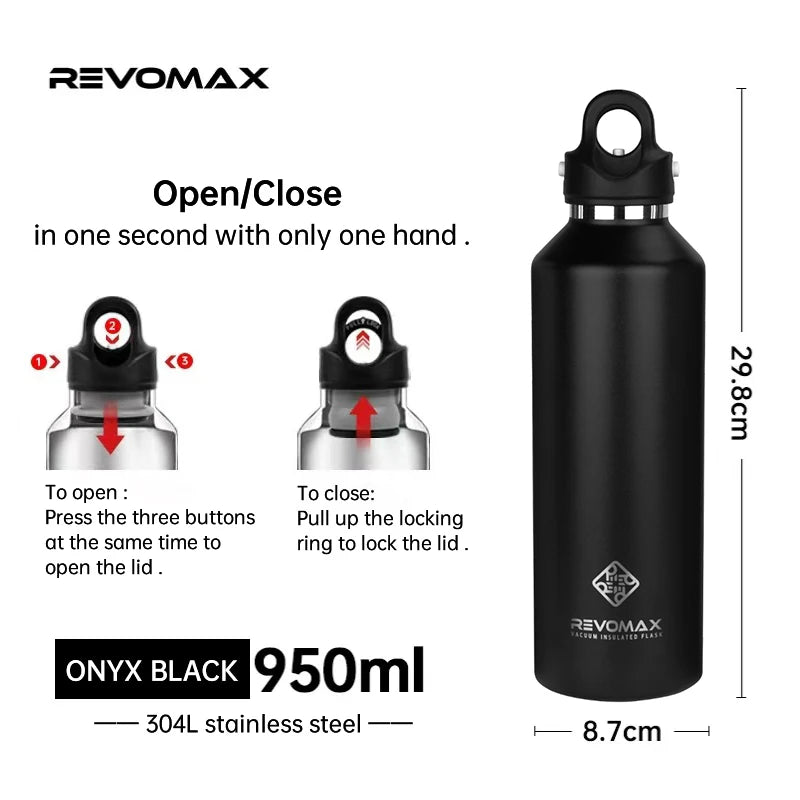 Black Revomax 950ml thermos with stainless steel construction shown in a side view.