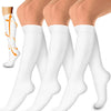 A set of white women's compression socks shown on legs, demonstrating the compression effect.