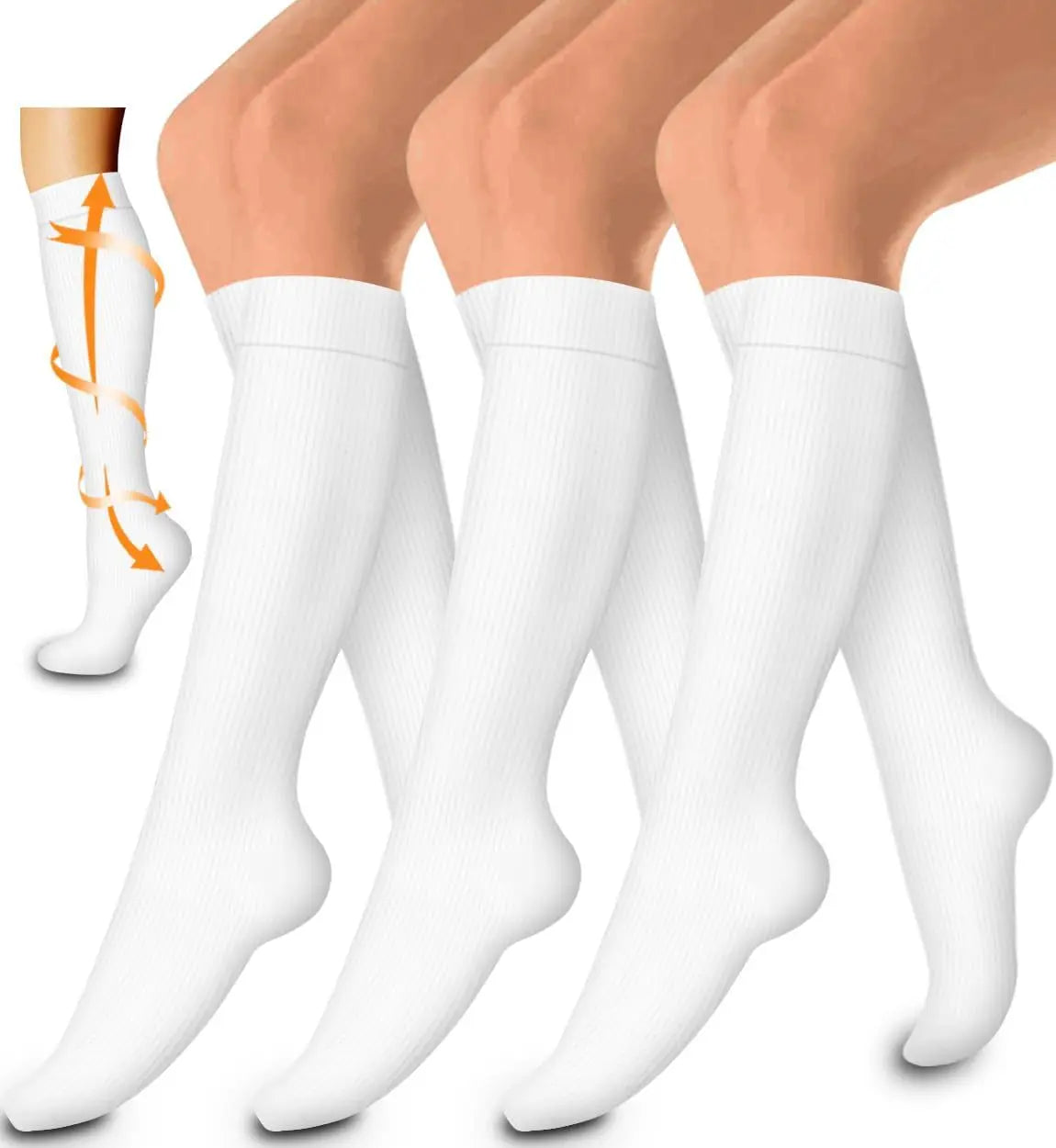 A set of white women's compression socks shown on legs, demonstrating the compression effect.