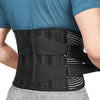 A person wearing a black orthopedic lumbar support belt with vertical stays on their torso.