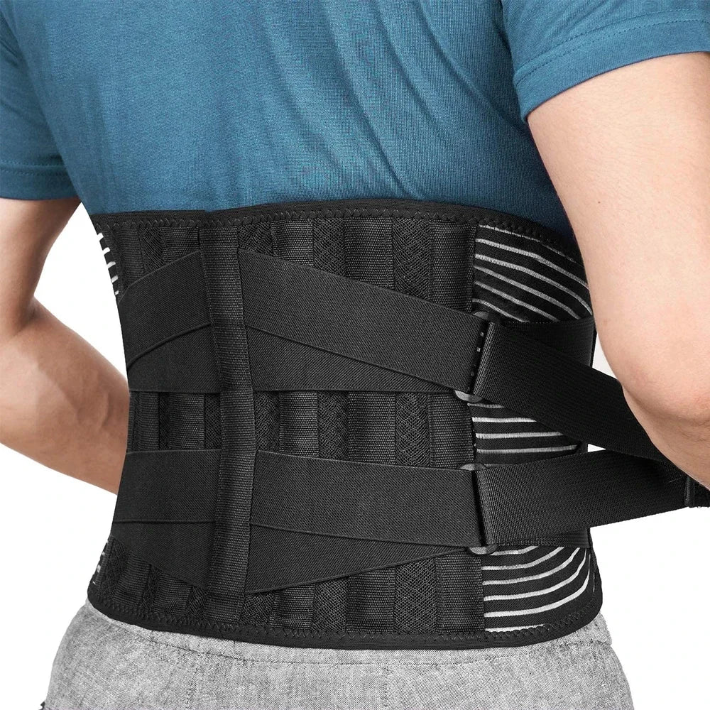 A person wearing a black orthopedic lumbar support belt with vertical stays on their torso.