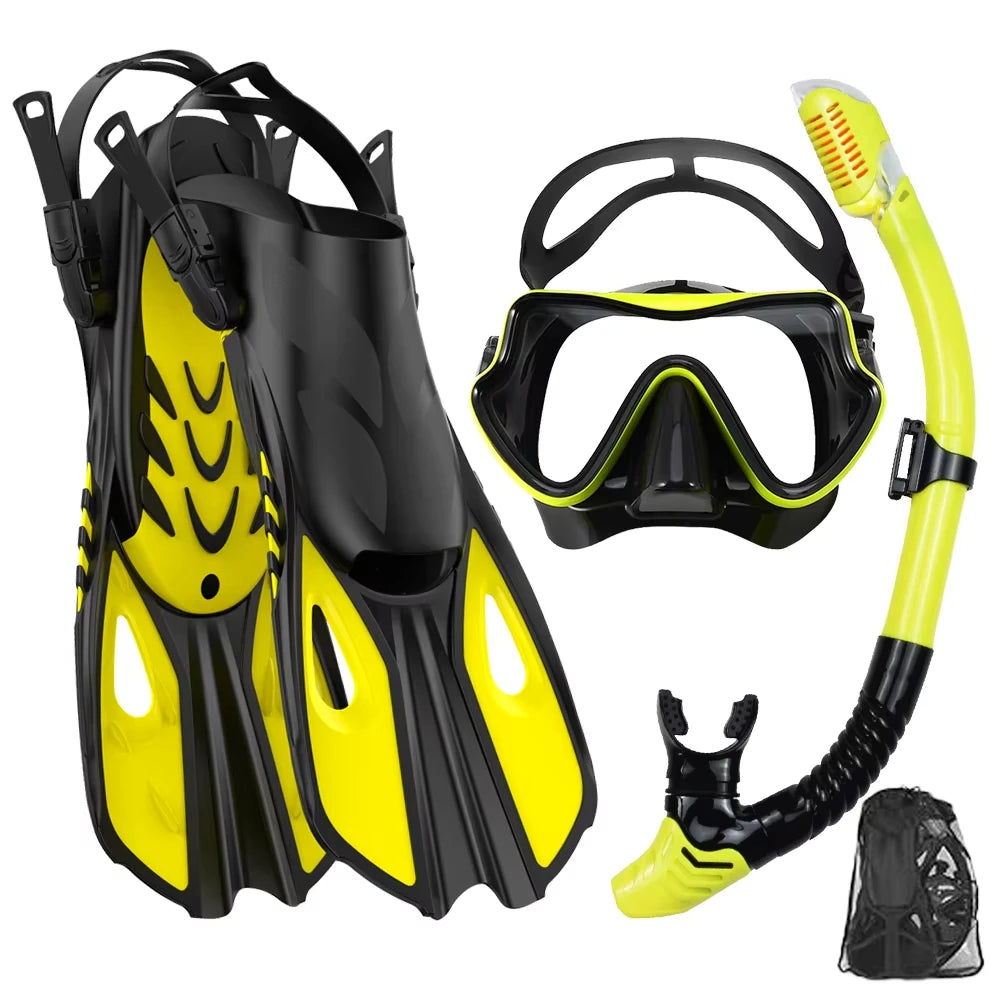 Premium 3-in-1 Snorkeling Set with Panoramic Mask, Dry Snorkel, and Adjustable Fins