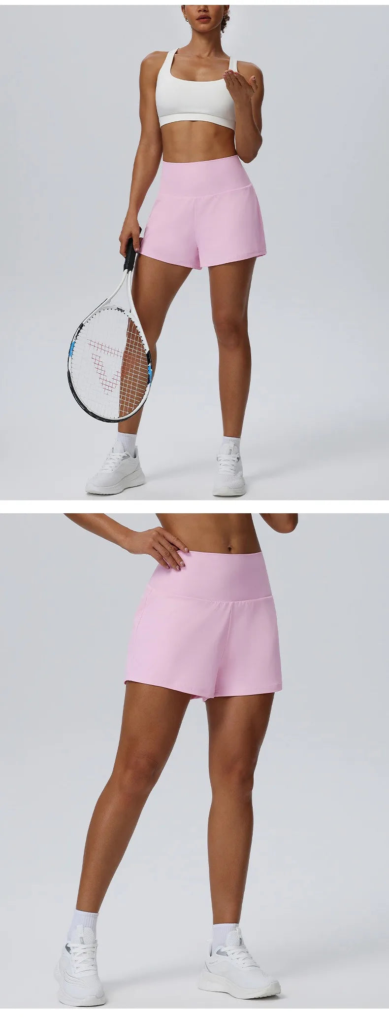 Eine Frau modelliert rosa schnelle, sportliche Shorts und einen Tennisschläger.