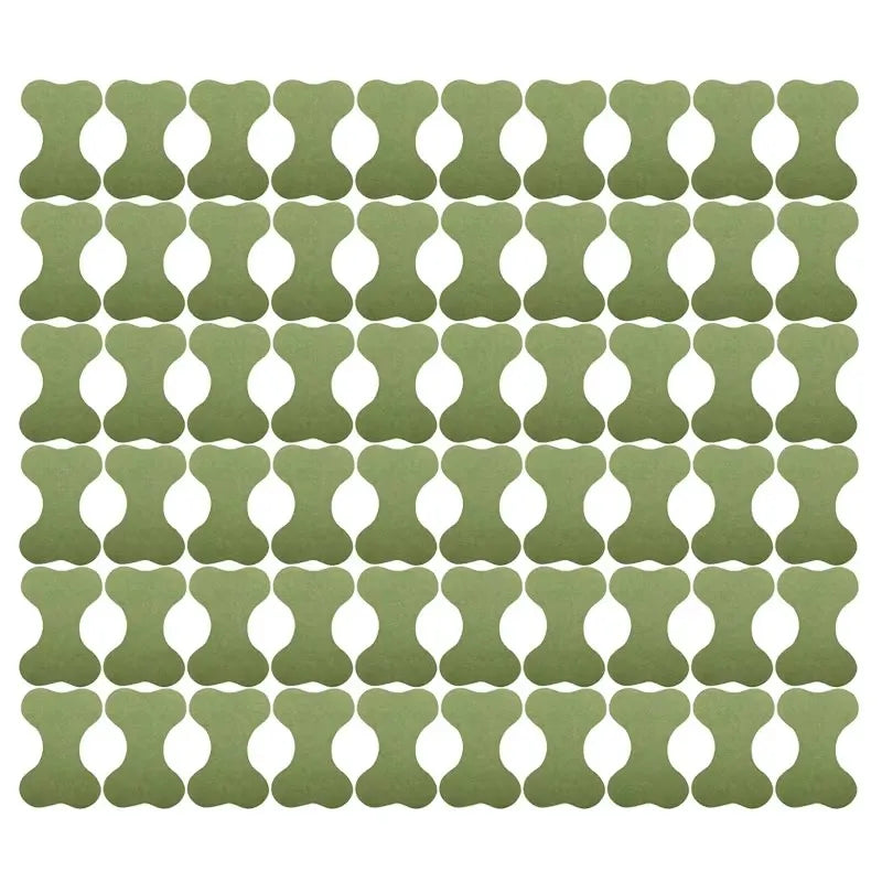 A grid of olive green acupuncture heat patches designed for knee relief.