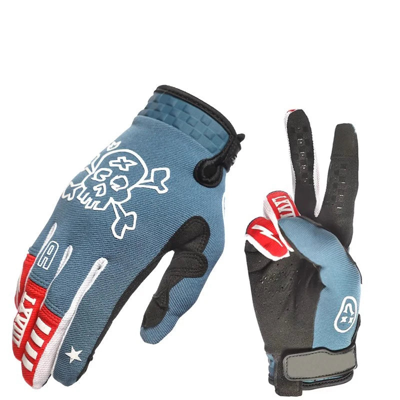 A pair of blue cycling gloves with black accents and white skull designs shown from the palm side.