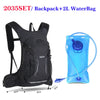 Black hydration backpack with a 2L water bag and tubing shown next to it.