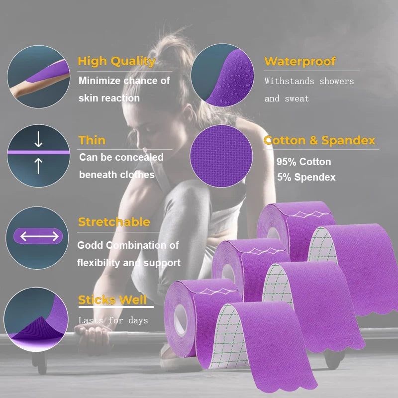 Purple kinesiology tape rolled into rolls demonstrating its stretchability and support features.