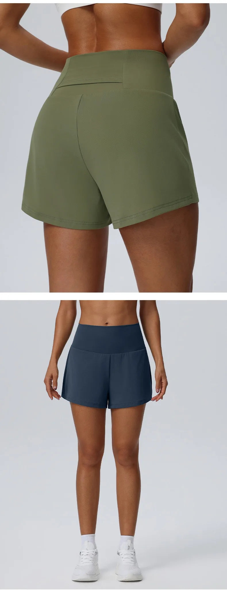 Ein Model trägt dunkelblaue schnelltrocknende Sportshorts mit lockerem Schnitt.