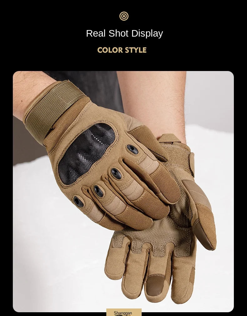 A close-up of tan tactical full finger gloves being held, showing the texture and design.