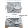 A gray stretchy fabric headband is shown folded and worn on a person's head.