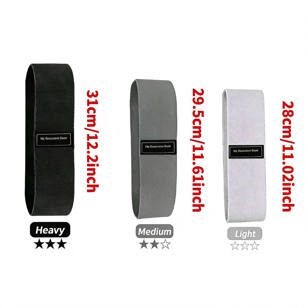 Three fabric resistance bands in black, gray, and white showing different weights and sizes for glute and leg workouts.