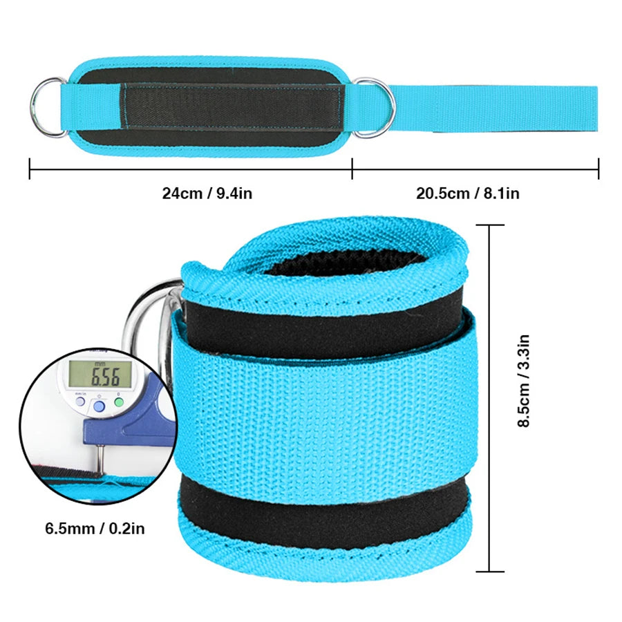 A set of adjustable neoprene ankle straps in blue and black, shown flat and stacked.
