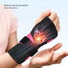 A hand wearing a black wrist brace with glowing orange and purple accents, designed to relieve wrist discomfort.