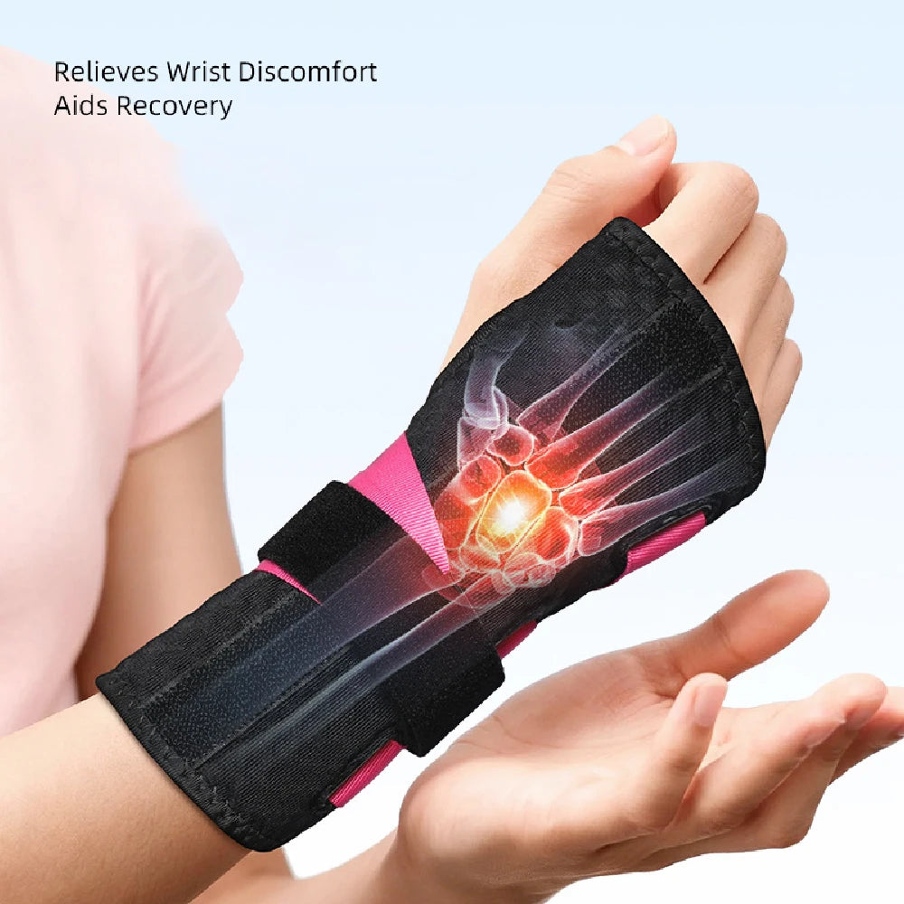 A hand wearing a black wrist brace with glowing orange and purple accents, designed to relieve wrist discomfort.