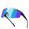 A pair of purple and blue cycling sunglasses with black frames and reflective lenses.