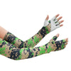 A hand wearing camouflage arm sleeves, featuring a green and brown pattern on the forearm and a gray patterned glove.