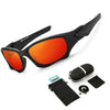 A pair of black polarized sports sunglasses with orange lenses and a storage pouch are shown.